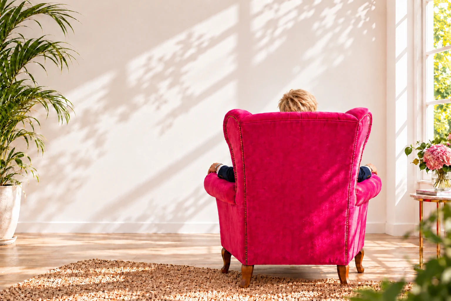 Ange in her bright pink chair, facing the Ange & Co logo on the wall.